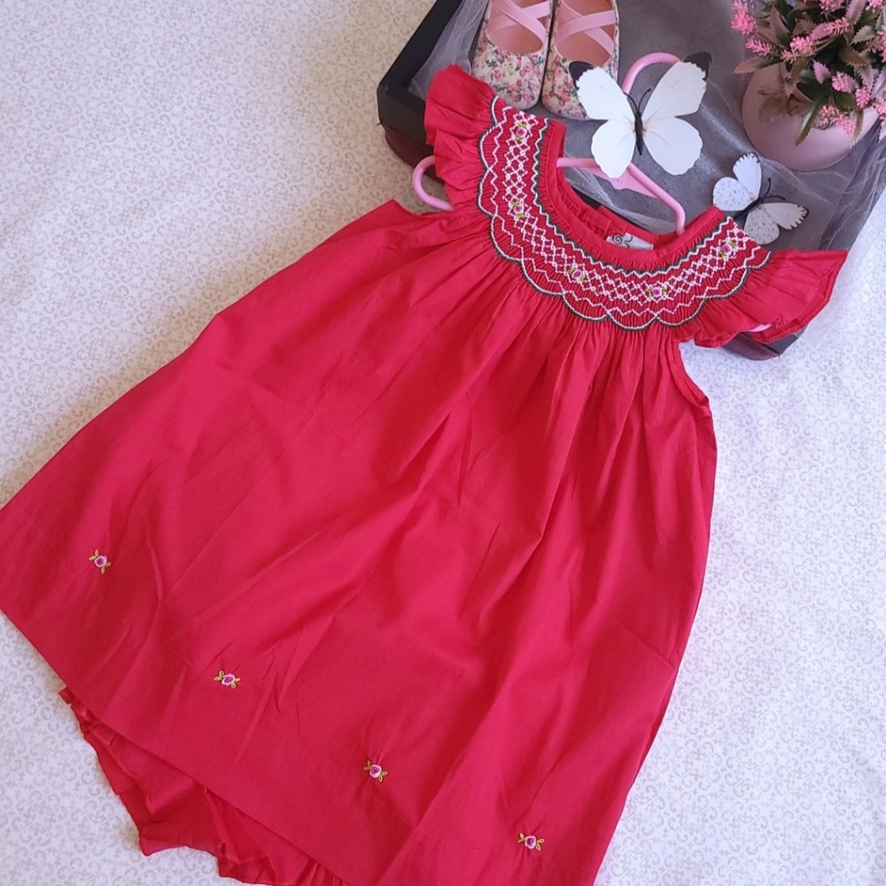 Red Bishop Angel Sleeves Baby Girl Dress. Girls Smocked Bishop Birthday Dress